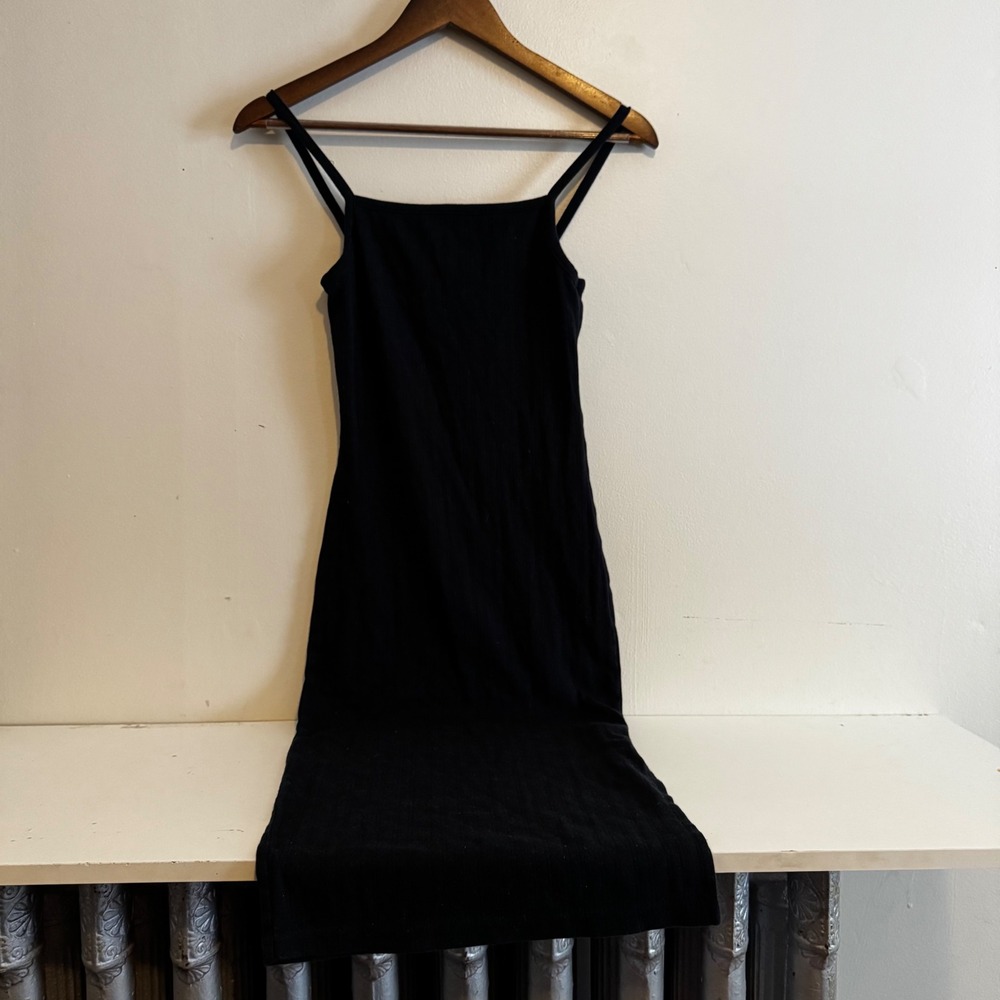 Women's XS Black Ribbed Midi Dress Square Neck Spaghetti Strap Layers Fall
